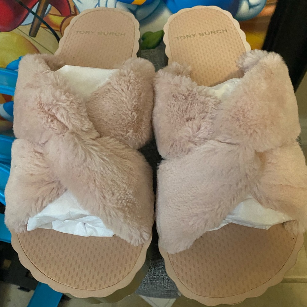 Tory Burch faux fur scallop wedge slide 8
